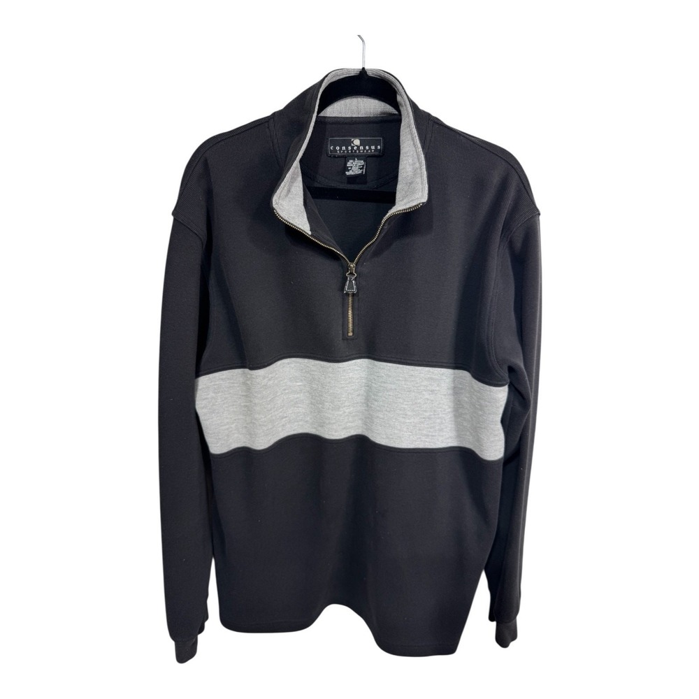Consensus Sportswear‎ Black Gray Stripe Quarter Zip Pullover Sweatshirt Men's L
